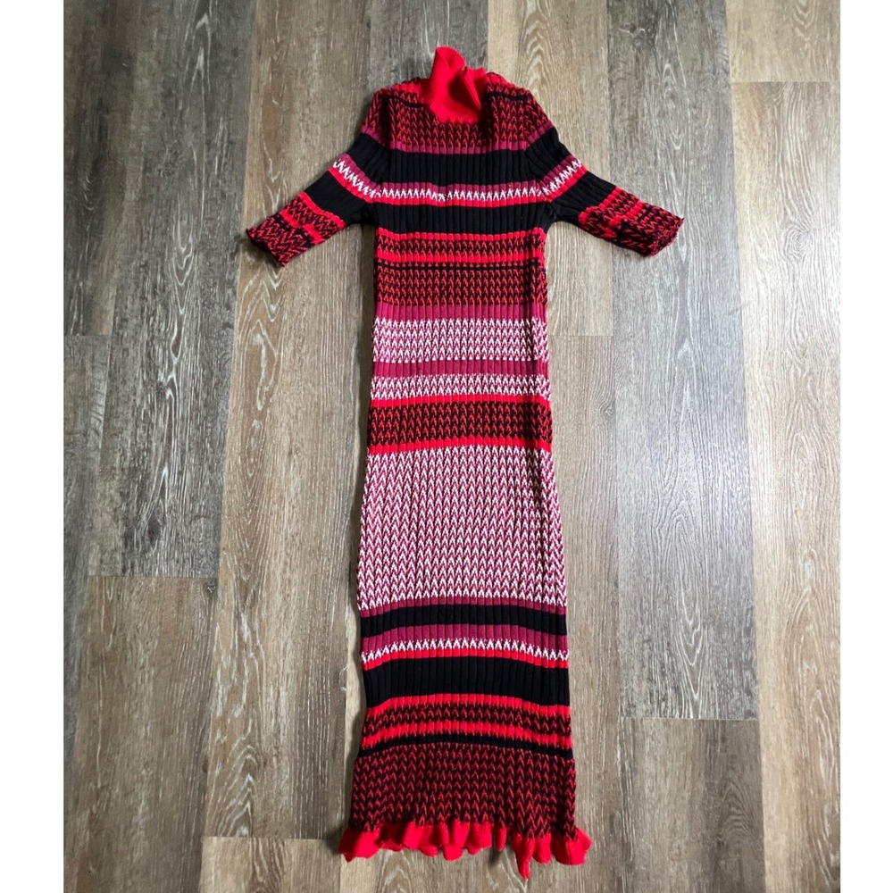Unbranded Knit Maxi Dress Womens Small Red Striped Ruffle Hem Turtleneck